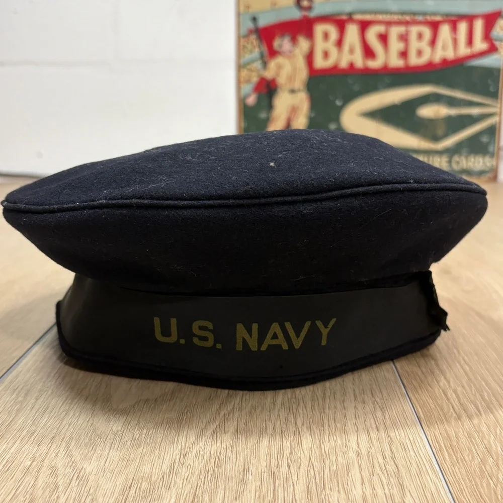 Vintage WWII US Navy Wool Flat Hat Sailor Cap Donald Duck Blue Military Size 7